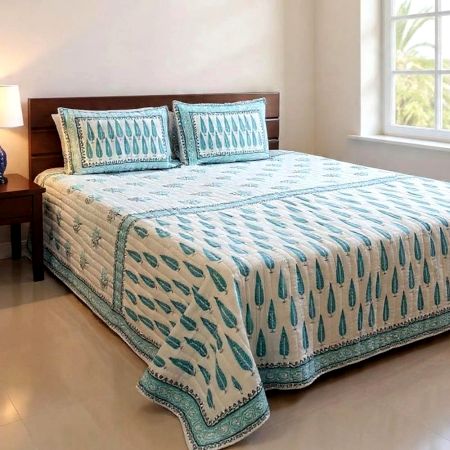 Handmade Blue Tree Pattern Mulmul Cotton Quilted Bedcover